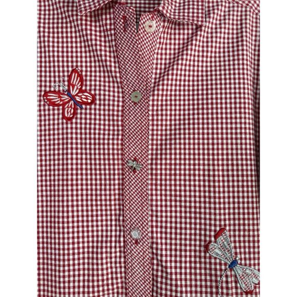 Oleg Cassini Vintage Stretch Dragonflies Gingham Red White‎ Women’s Top Size M - Picture 6 of 10